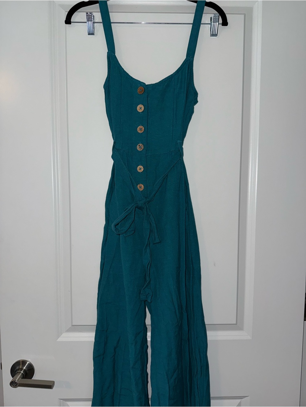Roxy Teal Button-Front Wide-Leg Jumpsuit with Tie Waist